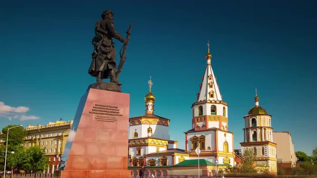 sunny day irkutsk main square monument 4k time lapse siberia russia
