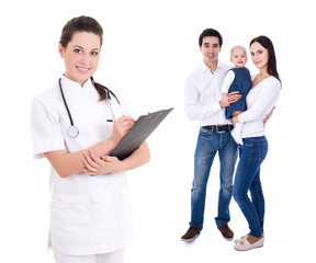 young female doctor with happy family isolated on white