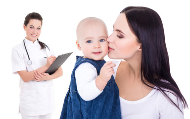 female doctor and happy young mother kissing little daughter iso