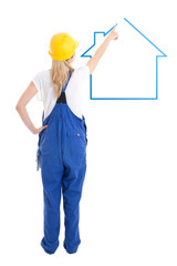 back view of woman in builder uniform drawing house isolated on