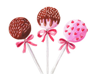 Hand-drawn cake pops. Pencil illustration on white isolated background