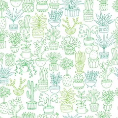 Seamless pattern doodle houseplants in pots