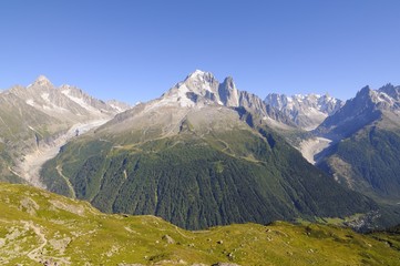 Fototapeta na wymiar Aiguille du Chardonnet, Aiguille Verte, Les Drus, Grande Jorasses, in the Mont Blanc group, France
