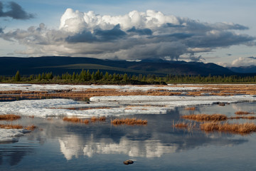 Fragments of the last ice on the river. Moma River. Big Moma frost. Yakutia. Russia.