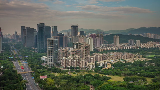 day light shenzhen city nature roof top panorama 4k time lapse china

