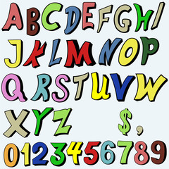 Multicolored alphabet in cartoon style. Isolated on blue background. Vector silhouettes