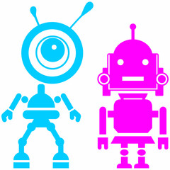Two cute robots, girl and guy. Abstract image of a fictional. Isolated on blue background. Vector silhouettes