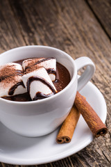 Cup of hot chocolate with marshmallow and cinnamon.