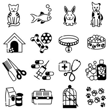 Pet animal care icons in black outline
