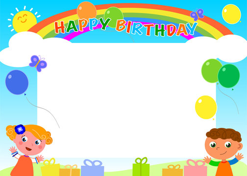 Happy Birthday frame with rainbow kids and gifts