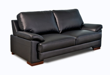 Black leather sofa on white background