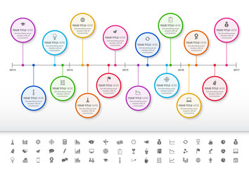 Modern rainbow timeline with circle milestones with pastel fill. Set of icons included