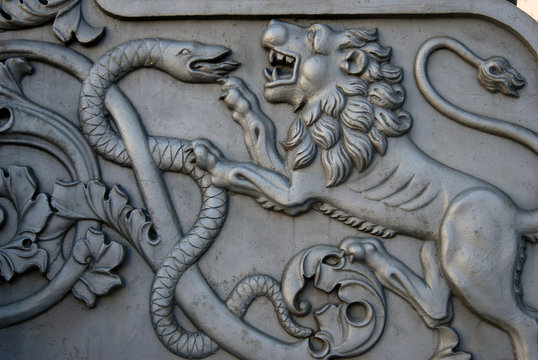 King Cannon (Tsar-Pushka), detail. Moscow Kremlin. Color photo.