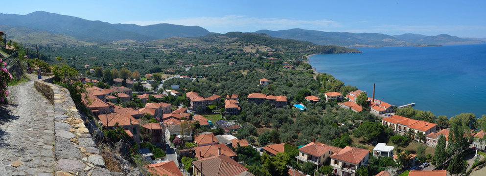  Hotels and seafront of the popular holiday detination of Molyvos .