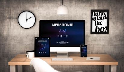 office workplace with  music streaming devices collection