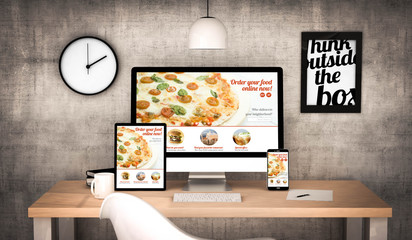 office workplace with pizza delivery website devices collection