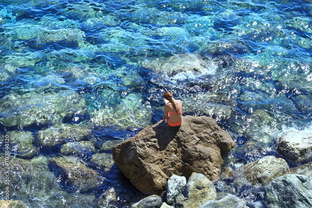 Sticker Summer relaxation on the coastal rocks of Mediterranean sea,Cinque Terre, Italy.