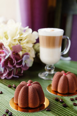 French mousse cake covered with chocolate velour