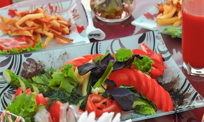 a picnic in the fresh air, festive table, vegetables, alcohol, m