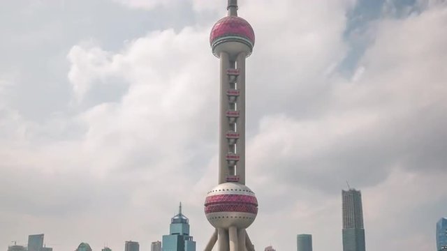 sunny day shanghai famous oriental pearl tower down to top view 4k time lapse china
