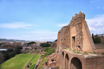 View to Roman ruins and Rome city