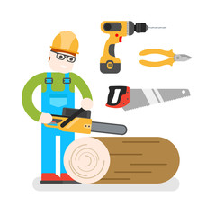 ‘onstruction Woodworcker cutting down a tree with a chainsaw. Ma