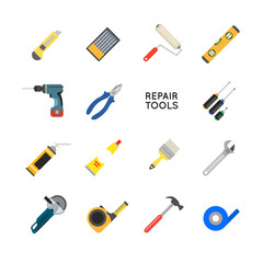 Construction equipment vector set. Working tools for repair and