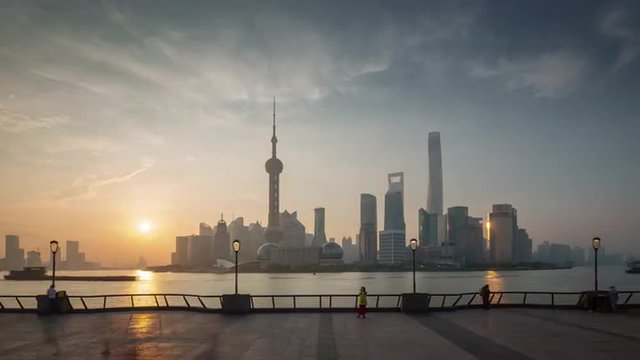 sunset shanghai city famous river bay downtown view panorama 4k time lapse china
