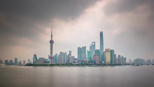 day shanghai famous downtown river traffic bay panorama 4k time lapse china
