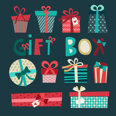 Colorful gift boxes with bows and ribbons vector set. Gift boxes