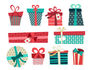 Colorful gift boxes with bows and ribbons vector set. Gift boxes