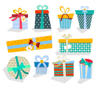 Colorful gift boxes with bows and ribbons vector set. Gift boxes