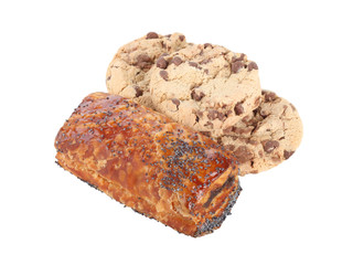 Croissant from flaky pastry with poppy and some chocolate cookie