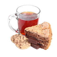 slice of chocolate cake with cup of tea on white