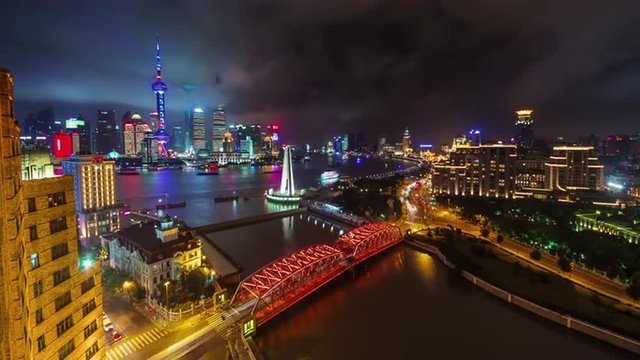 night light shanghai cityscape river bay bridge downtown panorama 4k time lapse china
