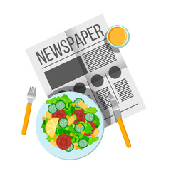 Breakfast vegetable salad and orange juice top view. Newspaper o