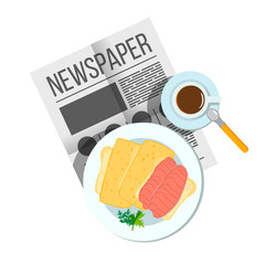 Breakfast sandwich with coffee top view. Plates of Breakfast on