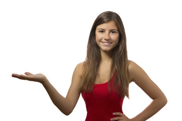 Fototapeta na wymiar beautiful teenage girl portrait showing with open hand