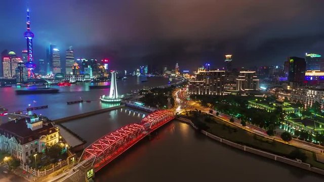 shanghai night cityscape downtown river bay roof top panorama 4k time lapse china
