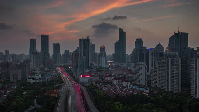 shanghai city sunset traffic road roof top panorama 4k time lapse 4k time lapse china
