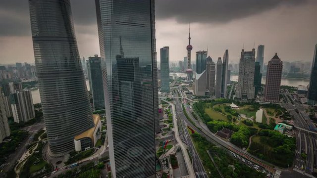 shanghai city downtown storm sky roof top traffic road panorama 4k time lapse china
