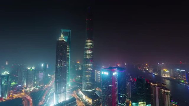 night illumination shanghai cityscape roof top aerial panorama 4k time lapse china
