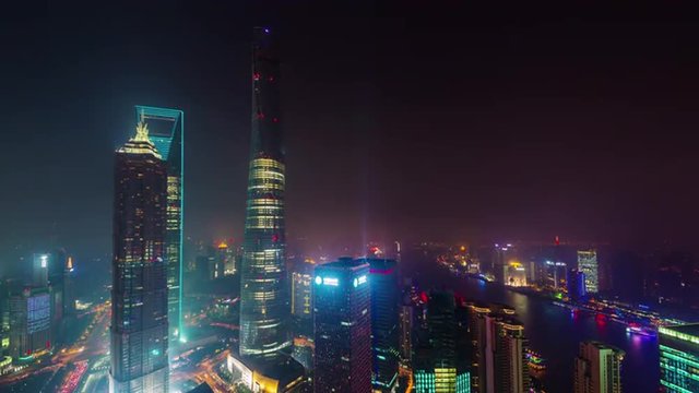 night light shanghai city downtown buildings roof top panorama 4k time lapse china
