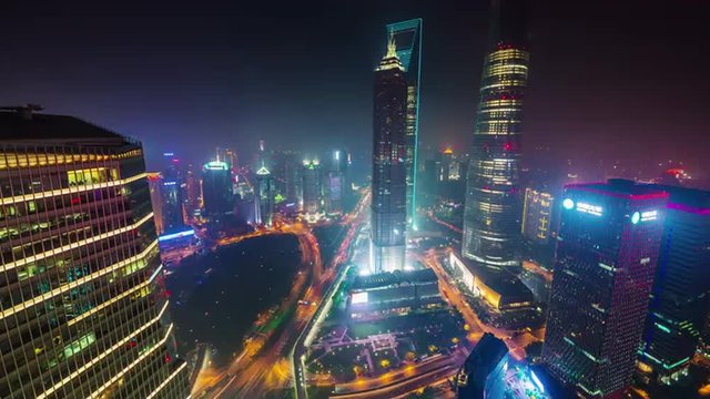 night illumination traffic street shanghai cityscape roof top panorama 4k time lapse china
