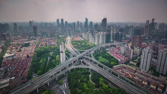 summer day shanghai cityscape traffic road junction roof top panorama 4k time lapse china
