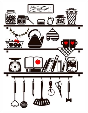 Vector food and drinks icons set, drawn up as kitchen shelves