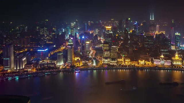 night light shanghai old city bay roof top aerial panorama 4k time lapse china
