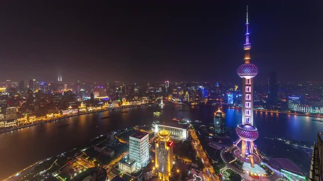 night illumination famous shanghai river bay downtown panorama 4k time lapse china
