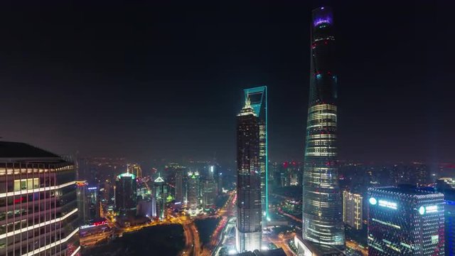 night illumination cityscape shanghai downtown roof top panorama 4k time lapse china
