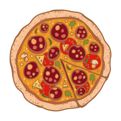 Pizza with sliced piece isolated on white background